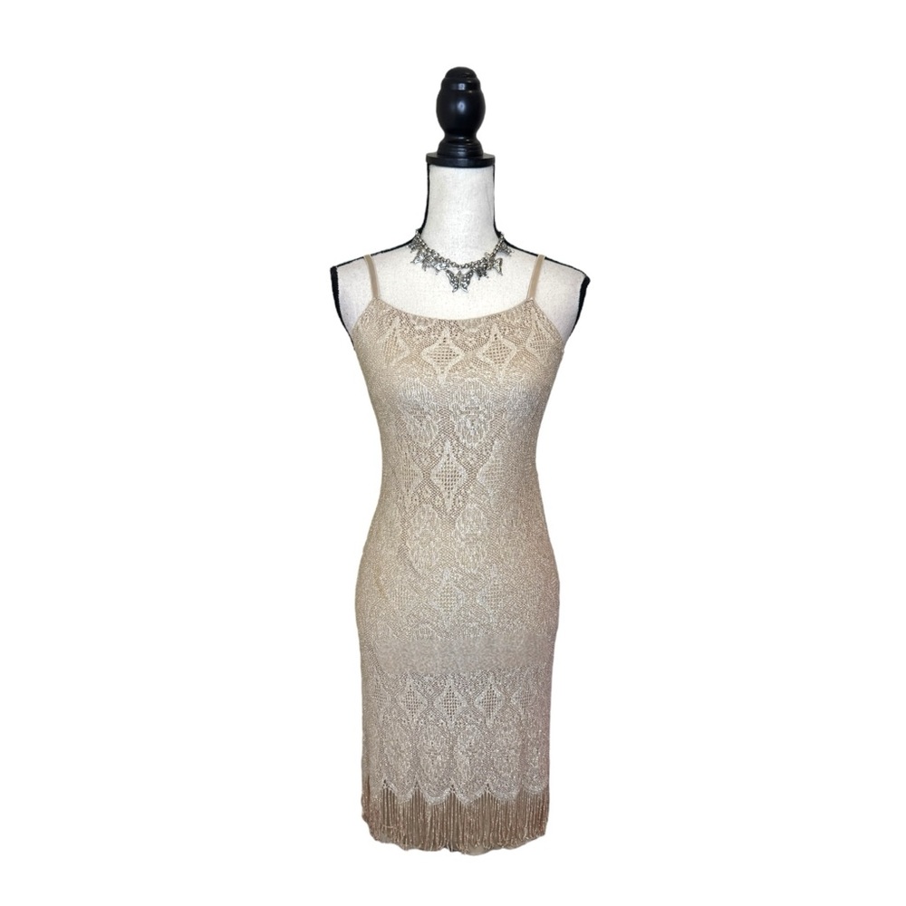Y2K Accomplice Boho Beige + Gold Knit Fringe Midi Dress Size Small